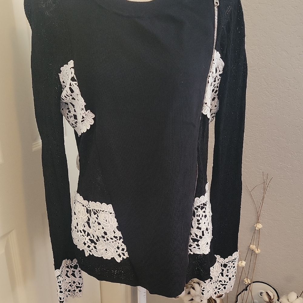 INC Black and White Lace Women's Top With Side Zip